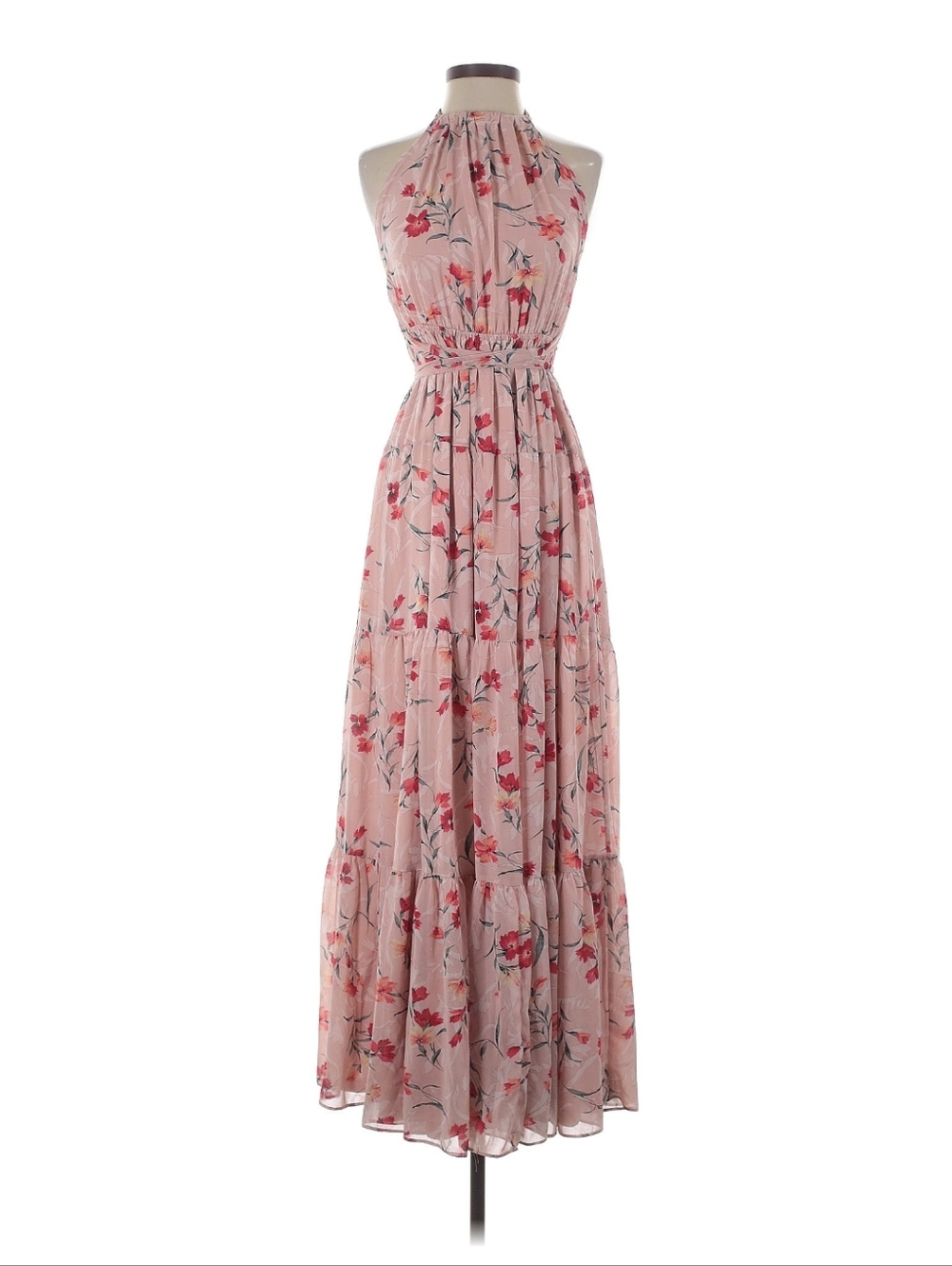 Aakaa Pink Floral Open Back Tiered Maxi Dress